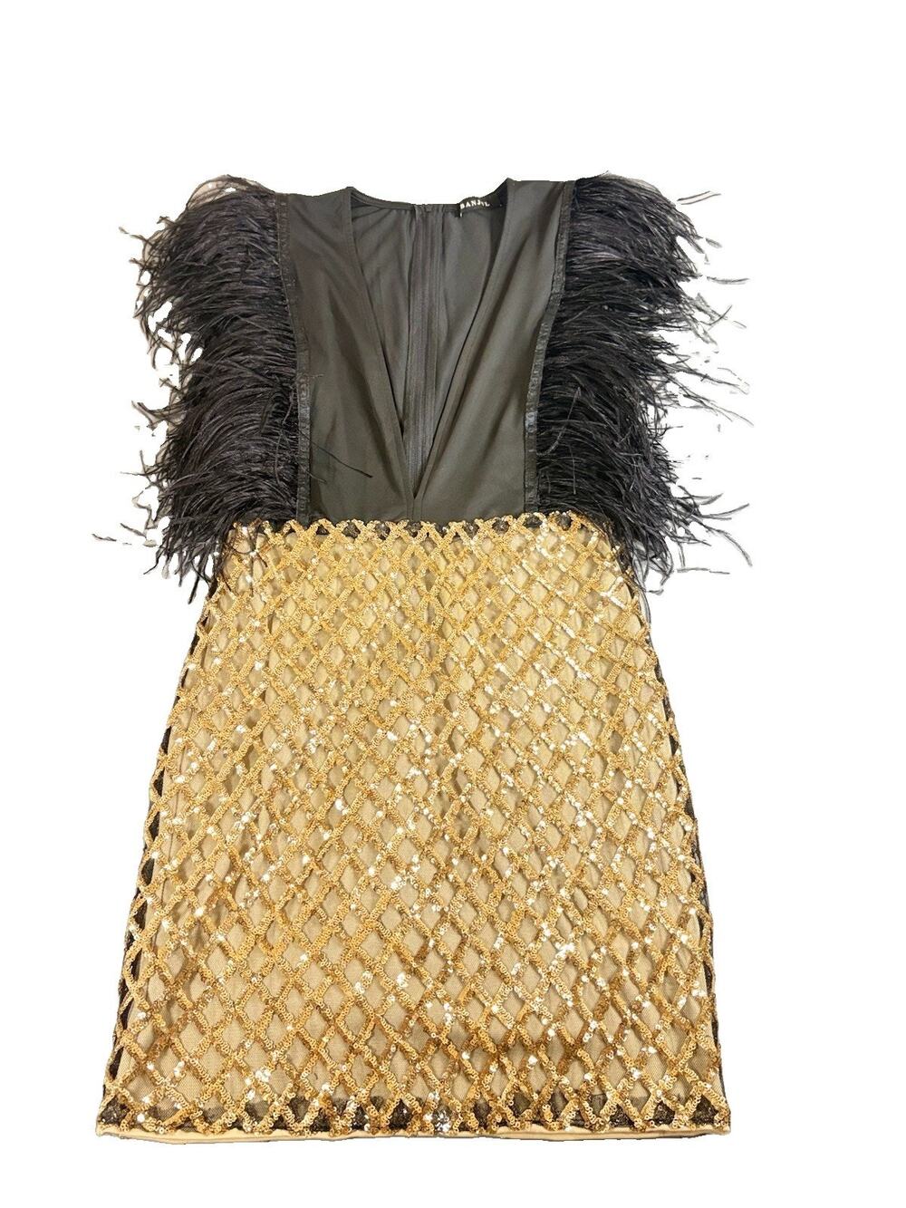 Banjul Feather Sequin Mini Dress Women’s Small Gold Black Cocktail Party Glam
